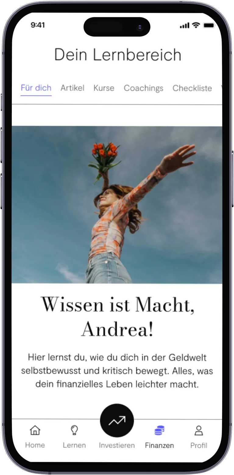 In der ellexx App können Frauen investieren und Bildung holen zu ETFs, Vorsorge und Investieren.